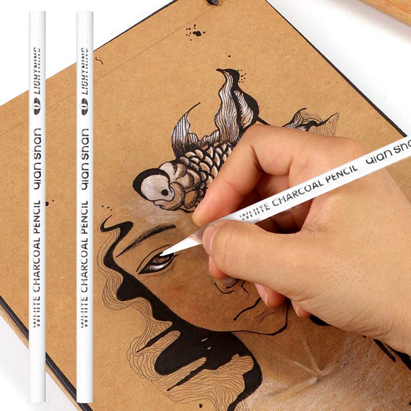 Qianshan 2 Pcs White Sketch Charcoal Pencils -Professional Hight Quality Sketch Highlight White Charcoal Wooden Pencils for Artist Drawing, Sketching, Blending - Image 1
